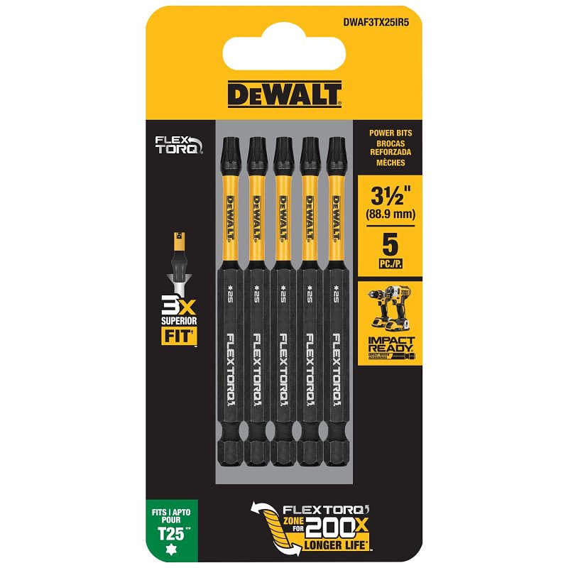 DEWALT FLEXTORQ DWAF3TX25IR5 Impact Screwdriving Bit, T25 Drive, Torx Drive, 1/4 in Shank, Hex Shank, 3-1/2 in L