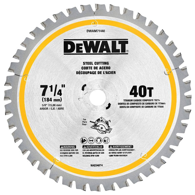 DEWALT DWAM71440 Circular Saw Blade, 7-1/4 in Dia, 5/8 in Arbor, 40-Teeth, Carbide Cutting Edge