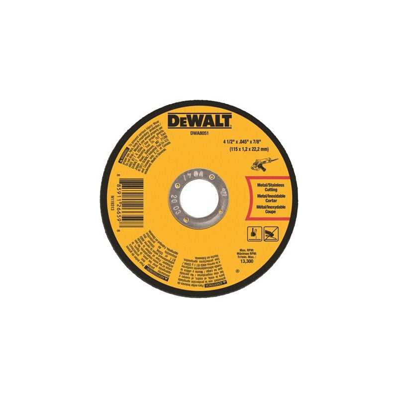 DEWALT DWA8051T10 Cut-Off Wheel, 4-1/2 in Dia, 0.045 in Thick, 7/8 in Arbor, Aluminum Oxide Abrasive, Pack of 10