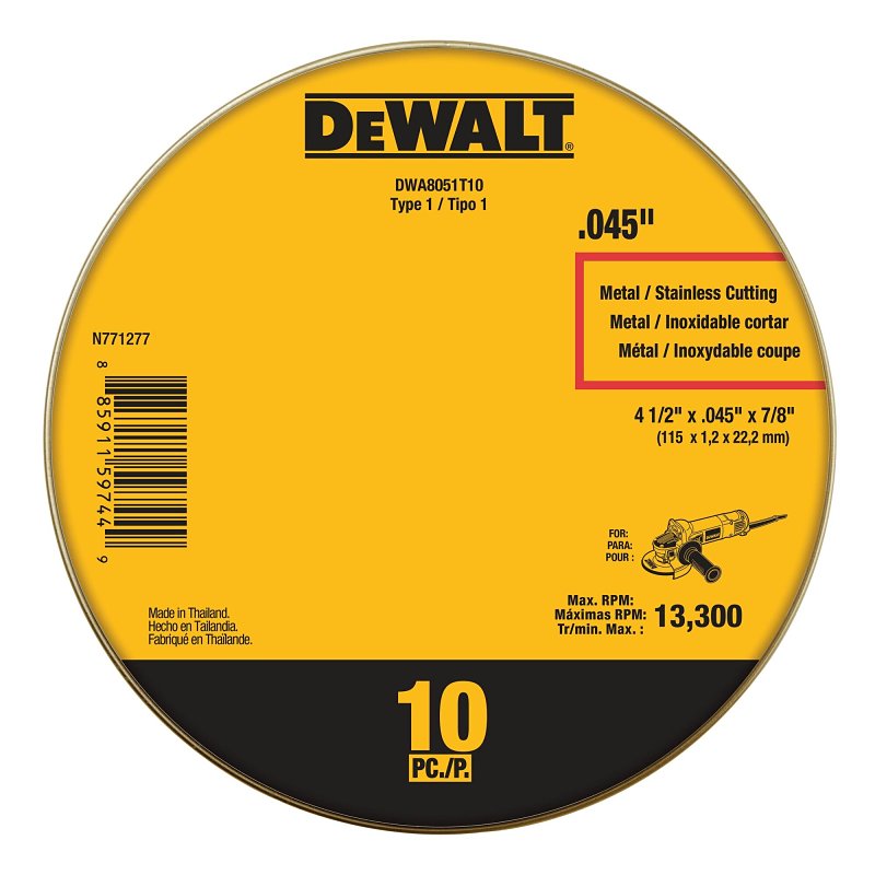 DEWALT DWA8051T10 Cut-Off Wheel, 4-1/2 in Dia, 0.045 in Thick, 7/8 in Arbor, Aluminum Oxide Abrasive, Pack of 10