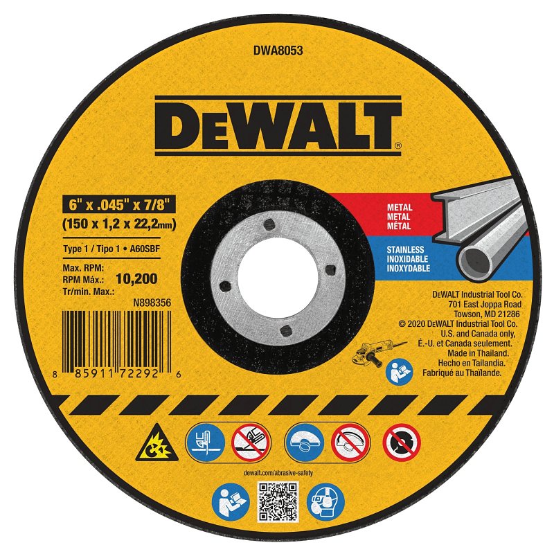 DEWALT DWA8053 Cut-Off Wheel, 6 in Dia, 0.045 in Thick, 7/8 in Arbor, Medium, Aluminum Oxide Abrasive