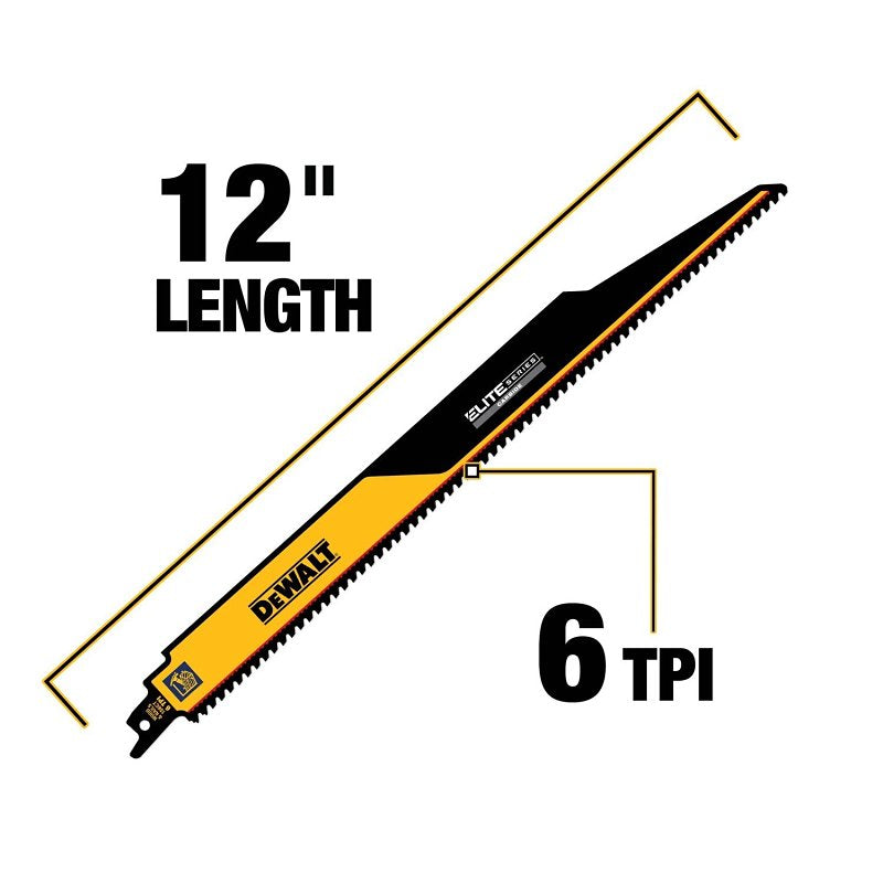 DEWALT ELITE SERIES DWAR156CT-1 Reciprocating Saw Blade, 1 in W, 12 in L, 6 TPI, Carbide Cutting Edge