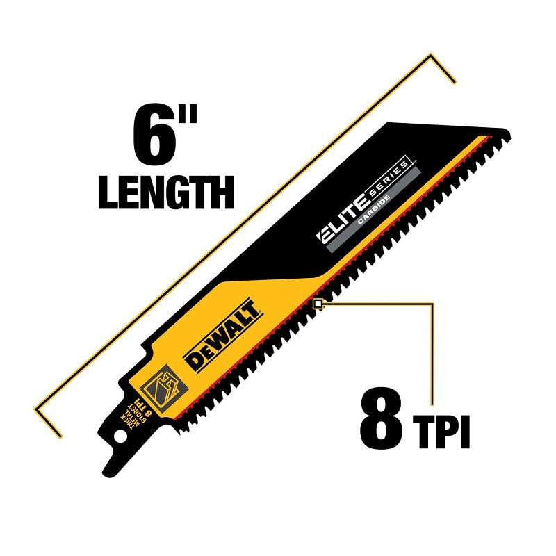DEWALT ELITE SERIES DWAR6108CT-1 Reciprocating Saw Blade, 1 in W, 6 in L, 8 TPI, Carbide Cutting Edge