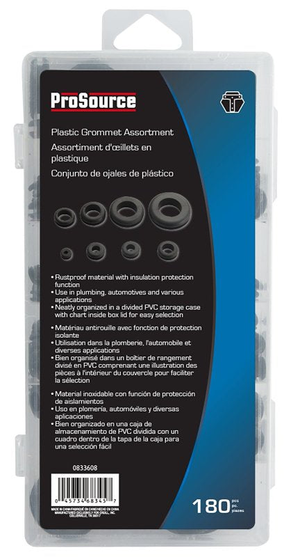 ProSource 61306 Plastic Grommet Assortment, PVC, Black, 1/4, 5/16, 3/8, 7/16, 1/2, 5/8, 7/8, 1 in Dia Panel Hole