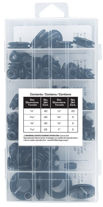 ProSource 61306 Plastic Grommet Assortment, PVC, Black, 1/4, 5/16, 3/8, 7/16, 1/2, 5/8, 7/8, 1 in Dia Panel Hole