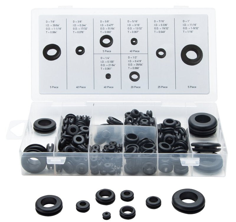 ProSource 61306 Plastic Grommet Assortment, PVC, Black, 1/4, 5/16, 3/8, 7/16, 1/2, 5/8, 7/8, 1 in Dia Panel Hole