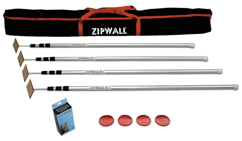 Zipwall SLP4 Dust Barrier Pole, Spring-Loaded, 12 ft L, Aluminum, 4/PK