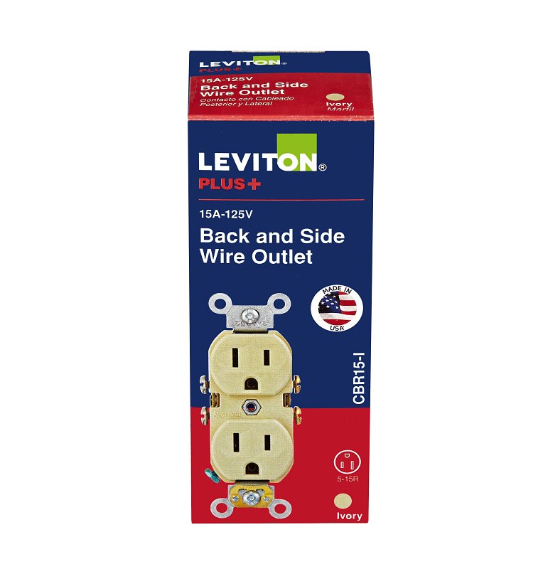 Leviton CBR15-I Duplex Outlet, 2 -Pole, 15 A, 125 VAC, Back, Side Wiring, NEMA: 5-15R, Ivory