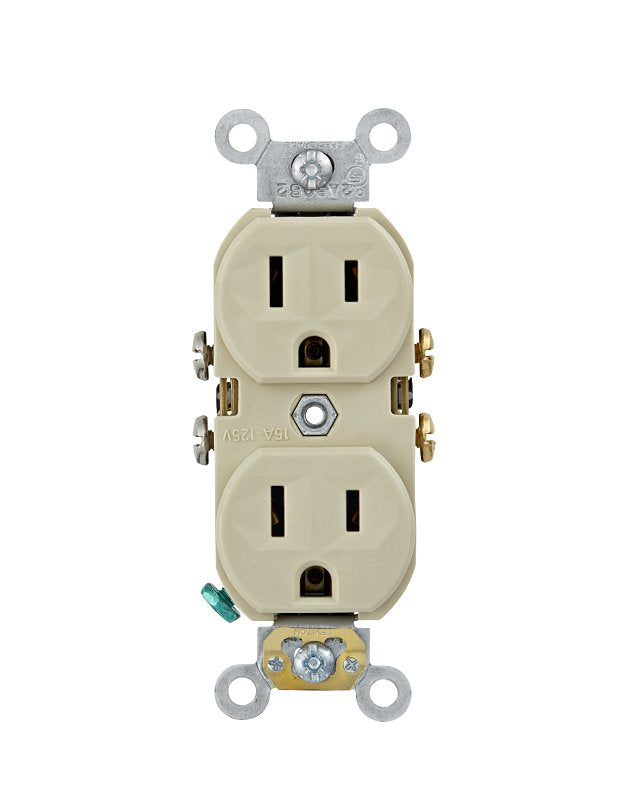 Leviton CBR15-I Duplex Outlet, 2 -Pole, 15 A, 125 VAC, Back, Side Wiring, NEMA: 5-15R, Ivory