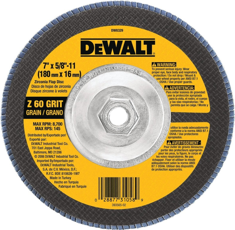 DEWALT HP DW8329 Flap Disc, 7 in Dia, 5/8-11 Arbor, 60 Grit, Medium, Zirconia Abrasive, Fiberglass Backing