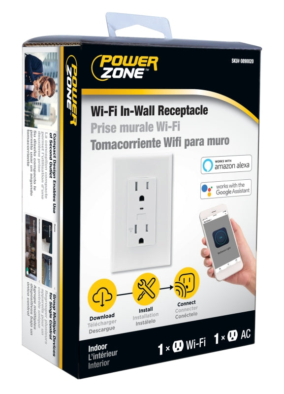 PowerZone ORWFIRC01 Wi-Fi Controlled Receptacle, 1-Pole, 125 V, Grounded Socket, Wi-Fi, White