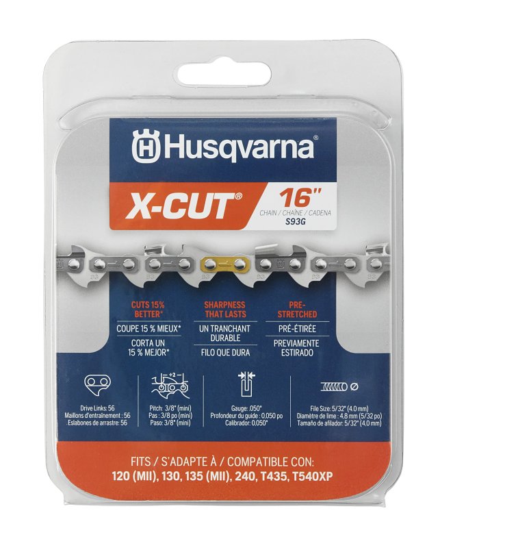 Husqvarna X-CUT 597 46 95-56 Chainsaw Chain, Semi-Chisel Chain, 16 in L Bar, 0.05 in Gauge, 3/8 in TPI/Pitch, 56-Link