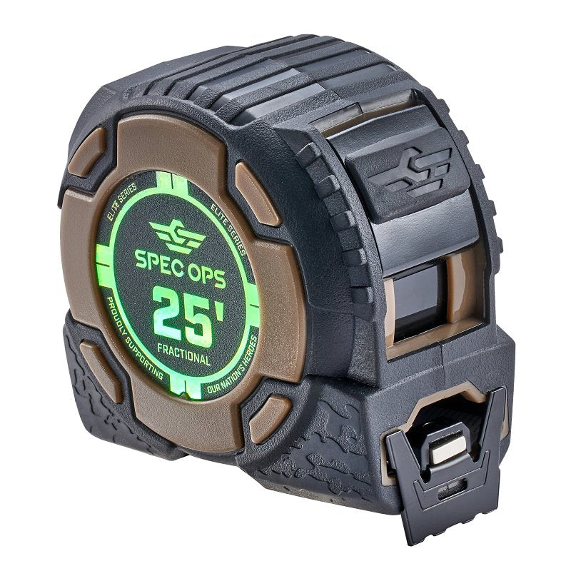 Spec Ops Elite Series SPEC-PTM25-F Fractional Tape Measure, 25 ft L Blade, 1-1/4 in W Blade, Steel Blade, ABS Case
