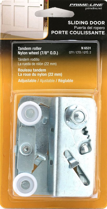 Prime-Line N 6531 Roller Assembly, 7/8 in Dia Roller, 1/4 in W Roller, Steel, Silver, 2-Roller, 75 lb, Top Mounting