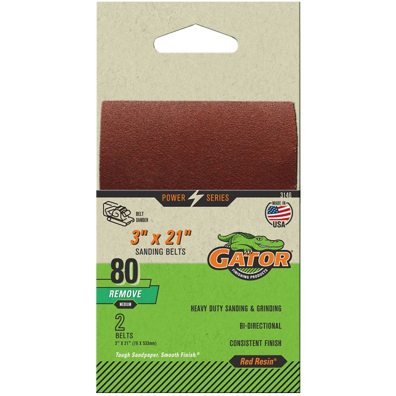 Gator Red Resin 3146 Sanding Belt, 3 in W, 21 in L, 80 Grit, Medium, Aluminum Oxide Abrasive