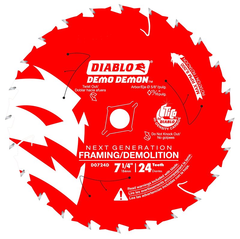 Diablo D0724DA Circular Saw Blade, 7-1/4 in Dia, 5/8 in Arbor, 24-Teeth, Carbide Cutting Edge, 10,000 rpm, Pack of 10