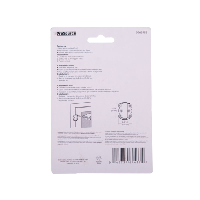 ProSource 20333ZCB-PS Spring Hinge, 1-3/8 in Thick Door Leaf, 2-3/4 in L x 2-9/16 in W, Steel, Zinc, 6-Mounting Hole
