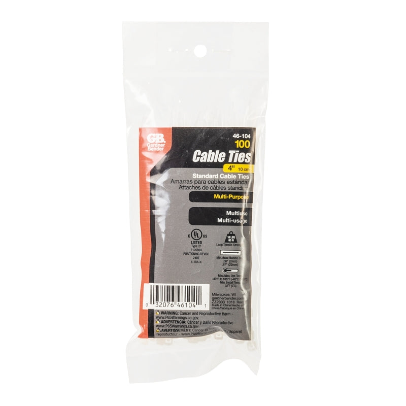 Gardner Bender 46-104 Cable Tie, 6/6 Nylon, Natural, 4 in L, 100/PK