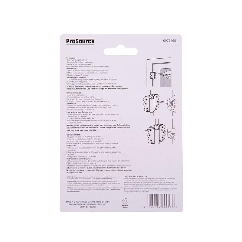 ProSource LR-112Z-PS Screen/Storm Door Hinge, 2-3/4 in W, Steel, Zinc, 6-Mounting Hole, No Loose Pin