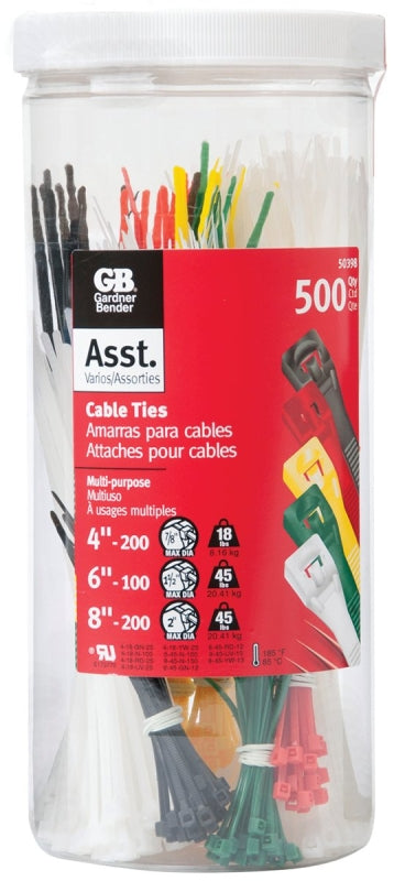 Gardner Bender 50398 Cable Tie Assortment, 2 in Max Bundle Dia, Double-Lock Locking, Nylon, Assorted