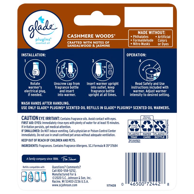 Glade Plug-Ins Cashmere Woods Scent Air Freshener Refill 1.34 oz Liquid, Pack of 6