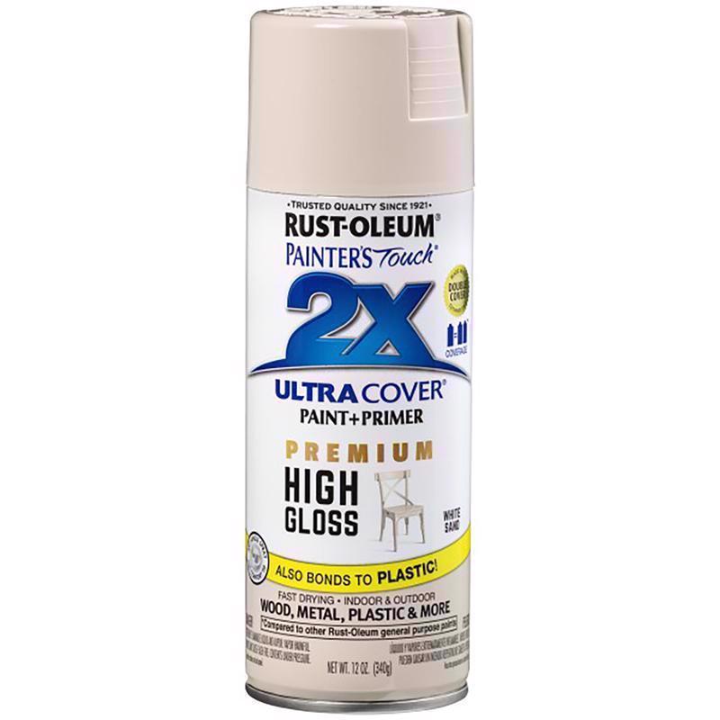 Rust-Oleum Painter's Touch 2X Ultra Cover High-Gloss White Sand Paint+Primer Spray Paint 12 oz, Pack of 6