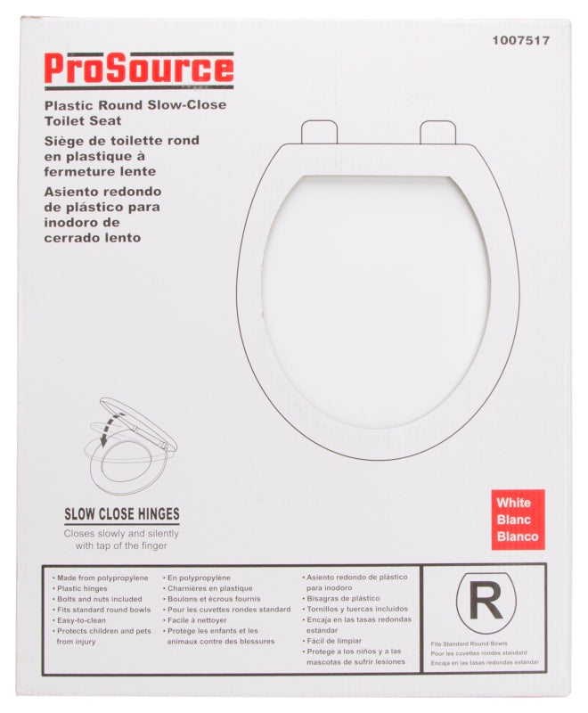 ProSource Q-328-WH Toilet Seat, Round, Polypropylene, White, Plastic Hinge Hinge