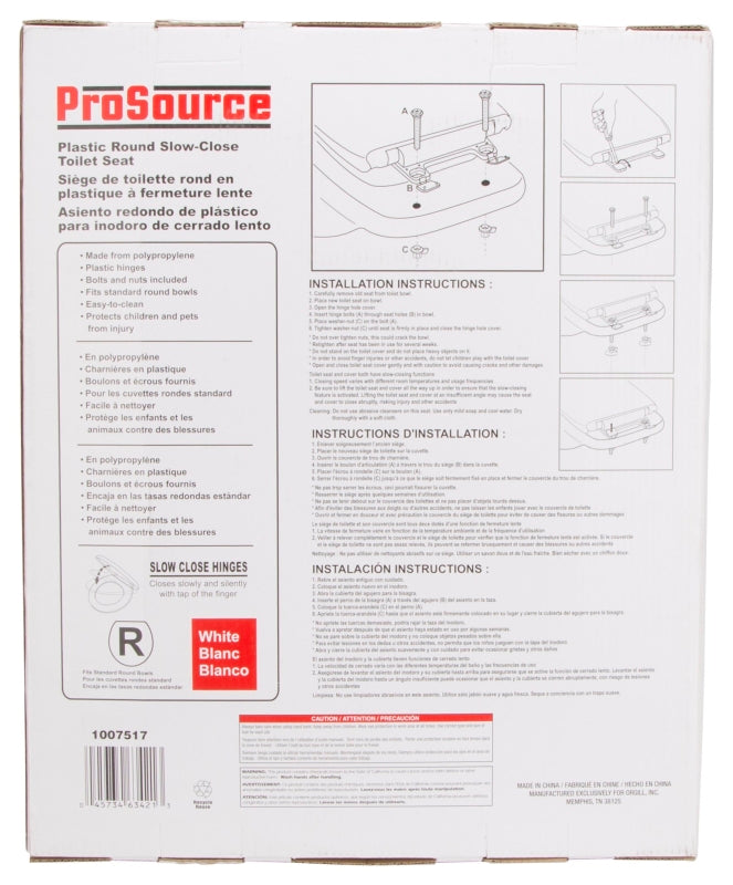 ProSource Q-328-WH Toilet Seat, Round, Polypropylene, White, Plastic Hinge Hinge