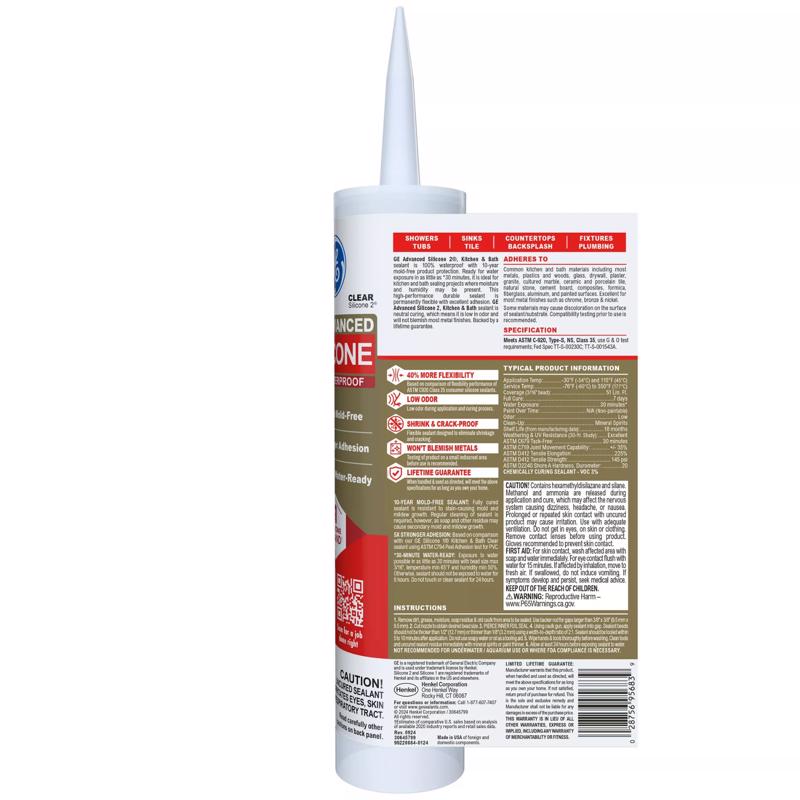 GE Advanced Clear Silicone 2 Kitchen and Bath Caulk Sealant 10.1 oz, Pack of 12