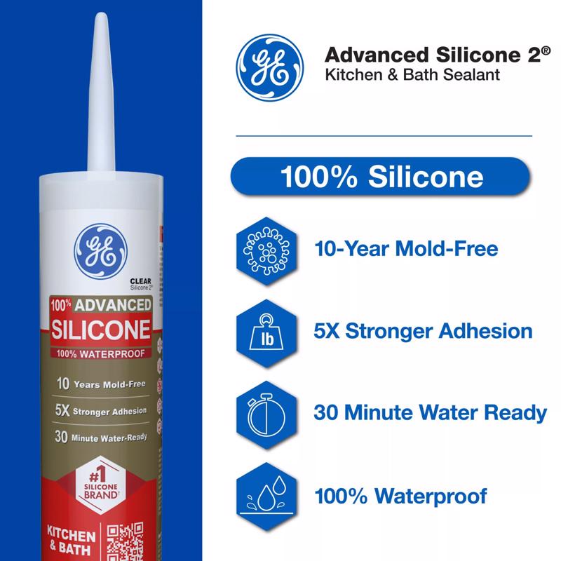 GE Advanced Clear Silicone 2 Kitchen and Bath Caulk Sealant 10.1 oz, Pack of 12