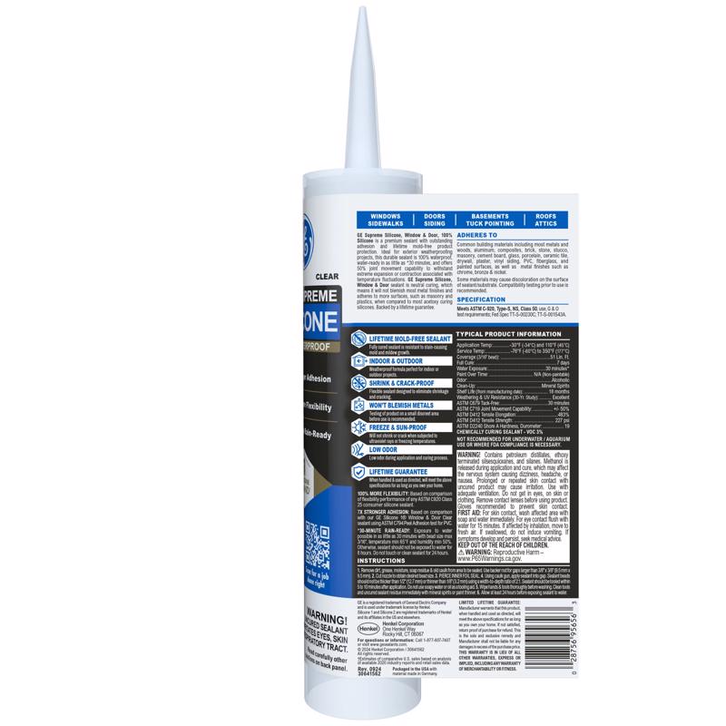 GE Supreme Clear Silicone Window and Door Sealant 10.1 oz, Pack of 12