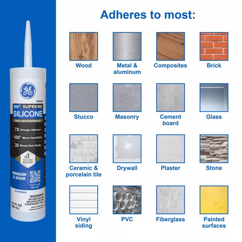 GE Supreme Clear Silicone Window and Door Sealant 10.1 oz, Pack of 12