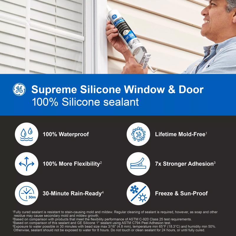 GE Supreme Clear Silicone Window and Door Sealant 10.1 oz, Pack of 12