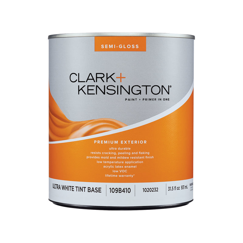 Clark+Kensington Semi-Gloss Tint Base Ultra White Base Exterior Paint and Primer Exterior 1 qt, Pack of 4