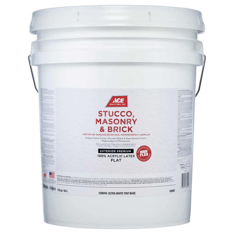Ace Flat Ultra White Tintable Base Acrylic Latex Stucco, Masonry and Brick Paint Exterior 5 gal