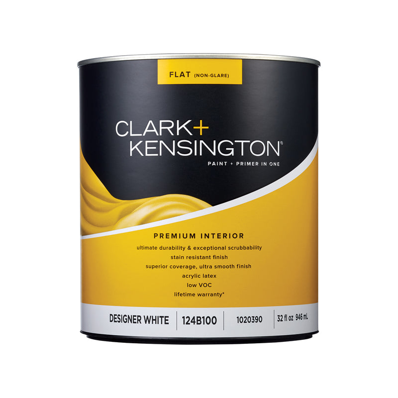 Clark+Kensington Flat Designer White Paint + Primer Interior 1 qt, Pack of 4