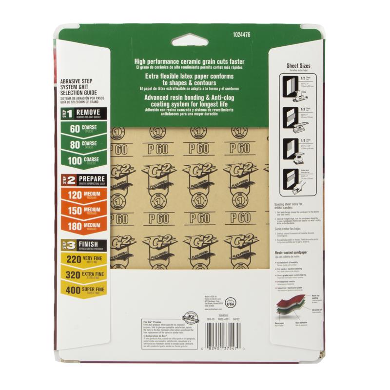 Ace 11 in. L X 9 in. W 60 Grit Aluminum Oxide All Purpose Sandpaper 4 pk