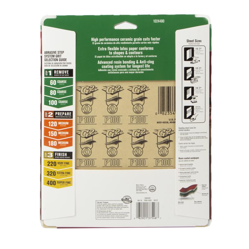 Ace 11 in. L X 9 in. W 100 Grit Aluminum Oxide All Purpose Sandpaper 4 pk