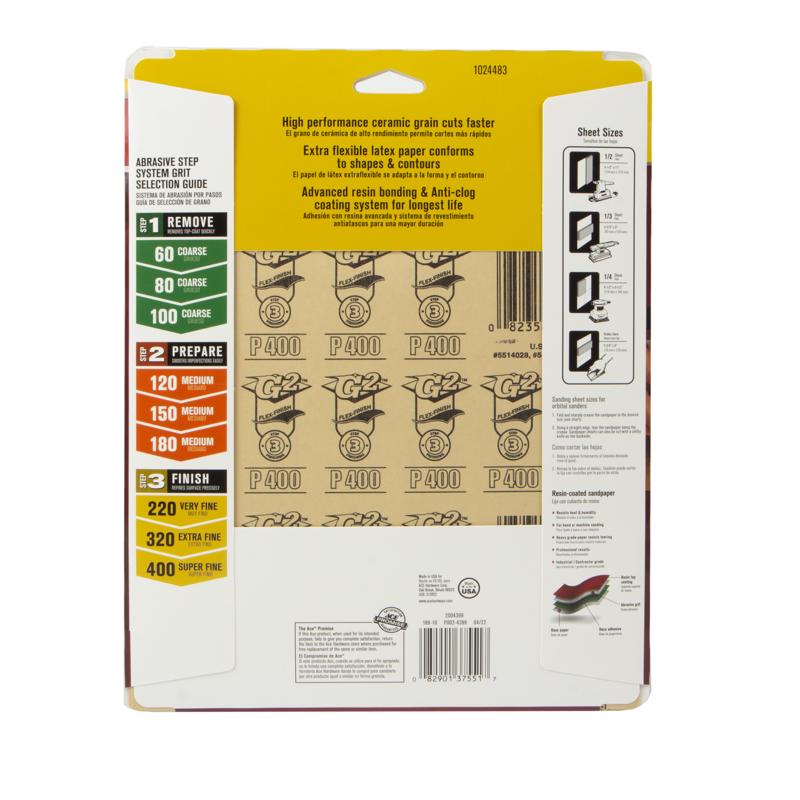 Ace 11 in. L X 9 in. W 400 Grit Aluminum Oxide All Purpose Sandpaper 4 pk