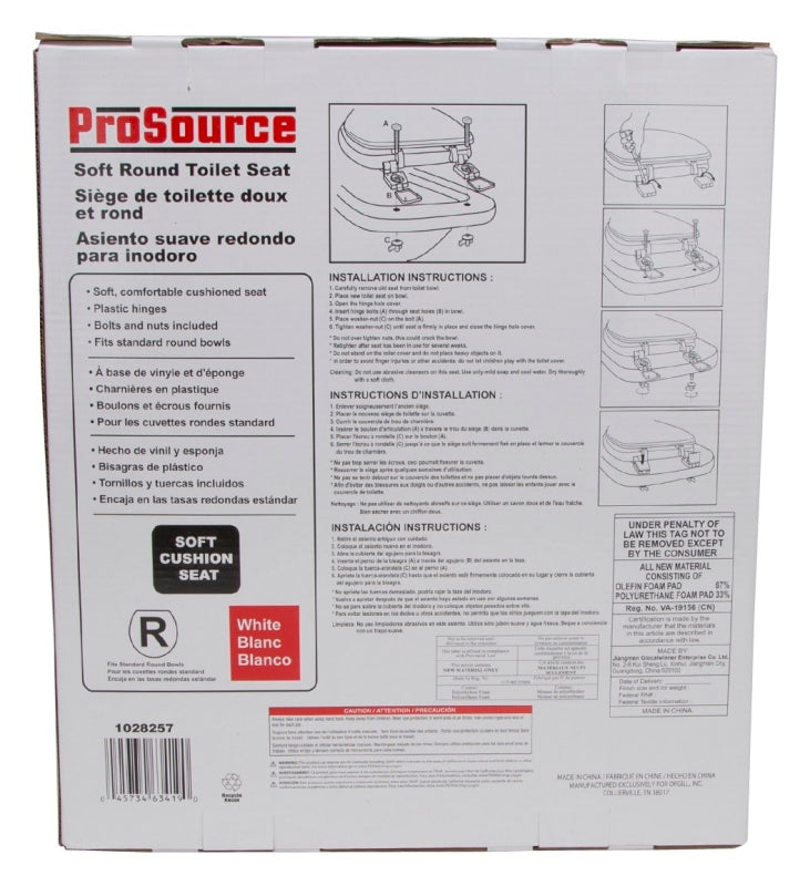 ProSource S001-WH Toilet Seat, Round, PP, White, Plastic Hinge