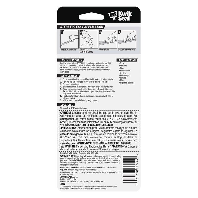 DAP Kwik Seal White Acrylic Latex Kitchen and Bath Adhesive Caulk 2.8 oz, Pack of 6