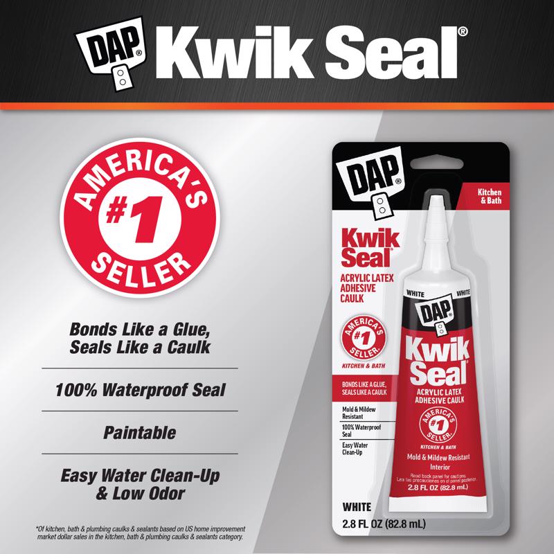 DAP Kwik Seal White Acrylic Latex Kitchen and Bath Adhesive Caulk 2.8 oz, Pack of 6