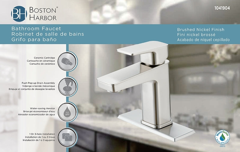 Boston Harbor FS6A0215NP Lavatory Faucet, 1.2 gpm, 1-Handle, 1, 3-Faucet Hole, Metal/Plastic, Brushed Nickel