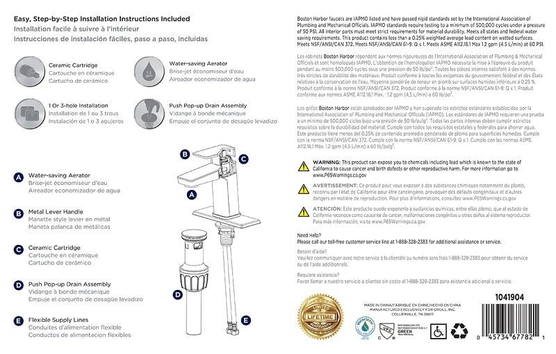 Boston Harbor FS6A0215NP Lavatory Faucet, 1.2 gpm, 1-Handle, 1, 3-Faucet Hole, Metal/Plastic, Brushed Nickel