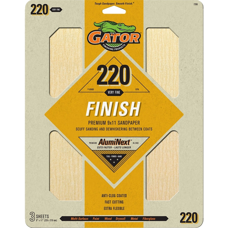 Gator 7266 Sanding Sheet, 9 in W, 11 in L, 220 Grit, Extra Fine, Aluminum Oxide Abrasive