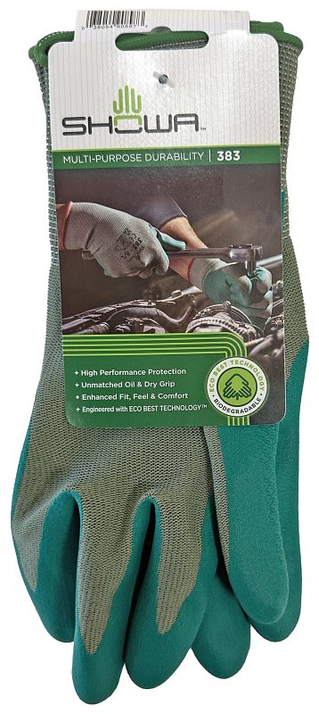 Showa 383-S/06 Coated Gloves, S, 220 mm L, Nitrile Coating, Polyester, Green