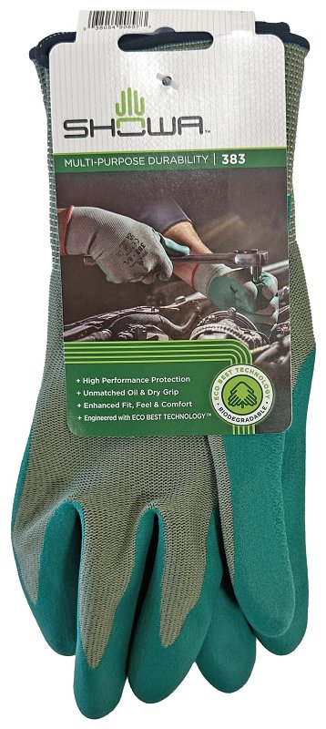Showa 383-XL/09 Coated Gloves, XL, 250 mm L, Nitrile Coating, Polyester, Green