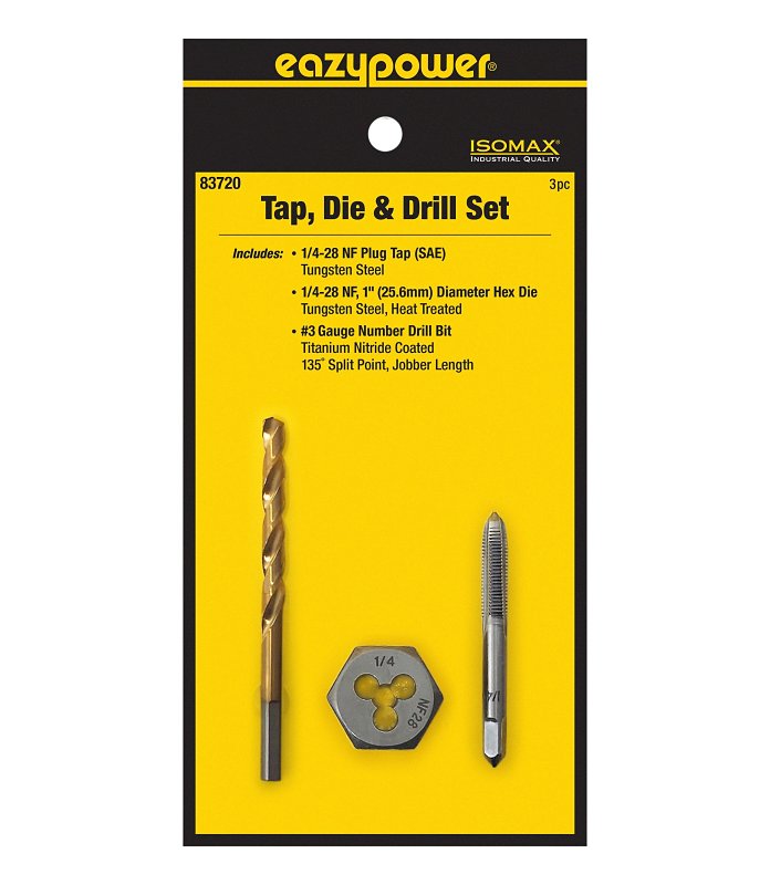 Eazypower 83720 Tap Die and Drill Set, 3-Piece, Tungsten Steel, Titanium Nitride-Coated