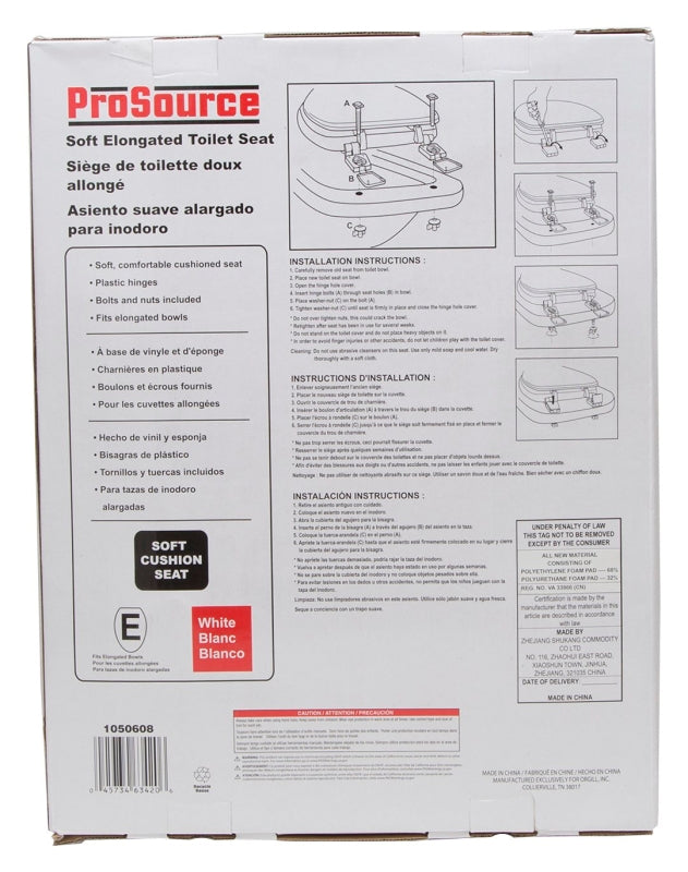 ProSource ES001-WH Toilet Seat, Elongated, PP, White, Plastic Hinge Hinge