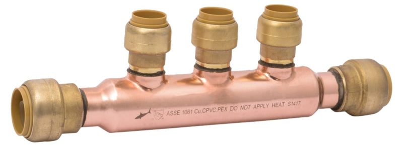 SharkBite 25552LF Open Multi-Port Manifold Tee, 8.35 in OAL, 3/4 in Inlet, 3-Outlet, 1/2 in Outlet, DZR Brass